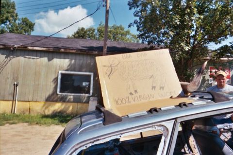 1996 Ford Bronco - A cardboard sign with a sheep drawing and text is attached to the roof of a silver SUV.