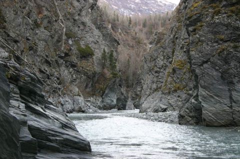 2003 Jeep TJ - A river carves its path through a canyon, with steep, rocky walls and a few trees clinging to the slopes.