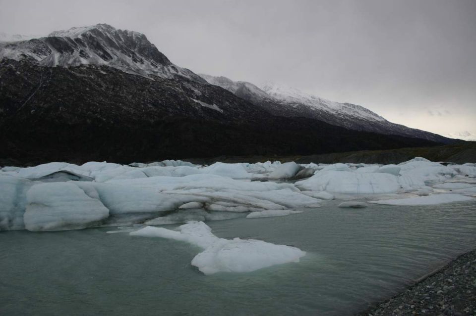 Glacier icebergs floating in a lake with a snow-capped mountain range in the background
