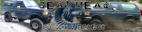 1996 Ford Bronco - Two Ford Broncos, one in sand and one in mud, with 'GEARHEAD 90 XLt BRONCO' text.