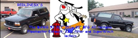 1993 Ford Bronco - A custom build banner showing a black full-size Ford Bronco from front and rear three-quarter angles flanking a cartoon dog mascot, with te…