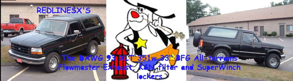 Custom banner of a black Ford Bronco with build-spec text and a cartoon dog mascot