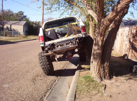 1988 Ford Bronco - This heavily modified SUV is parked precariously on a curb, leaning against a tree.