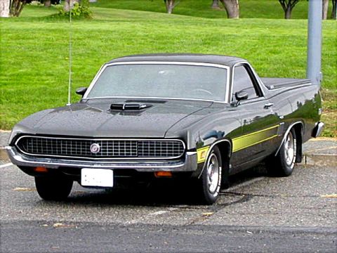1967 Ford Ranchero - A dark gray 1970 Ford Ranchero with a yellow stripe is parked outdoors on a paved surface.