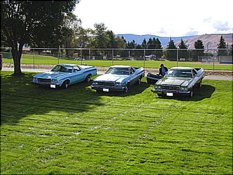 1967 Ford Ranchero - Three Ford Rancheros, likely from the early 1970s, are parked on a grassy field with a fence and distant hills in the background.