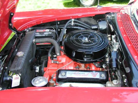 1967 Ford Ranchero - Close-up of a red engine bay, revealing the "Thunderbird Special" valve cover and other engine components.