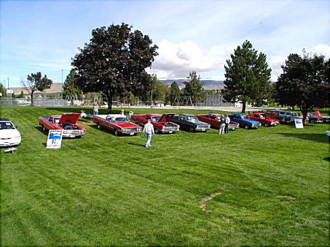 1967 Ford Ranchero - A collection of vintage automobiles are displayed on a lawn, with trees and a distant hillside in the background.