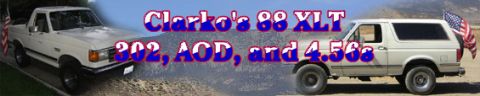 1996 Ford Bronco - Two Ford trucks, a Bronco and an F-150, are shown with "Clarke's 88 XLT 302, AOD, and 4.56s" text overlay.