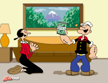 1991 Ford Bronco - Popeye proudly presents a can of spinach to a kneeling Olive Oyl in a domestic setting, with a landscape painting on the wall.