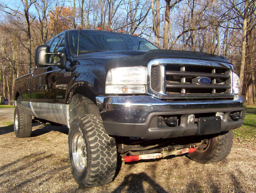 Black Ford F-250 Super Duty truck with lifted suspension and large tires