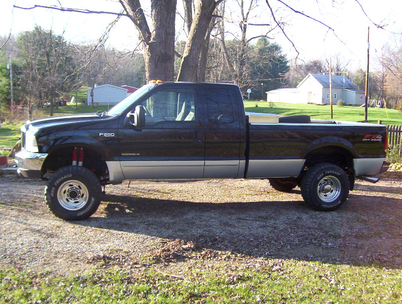 Black Ford F-250 pickup truck, side view, lifted suspension