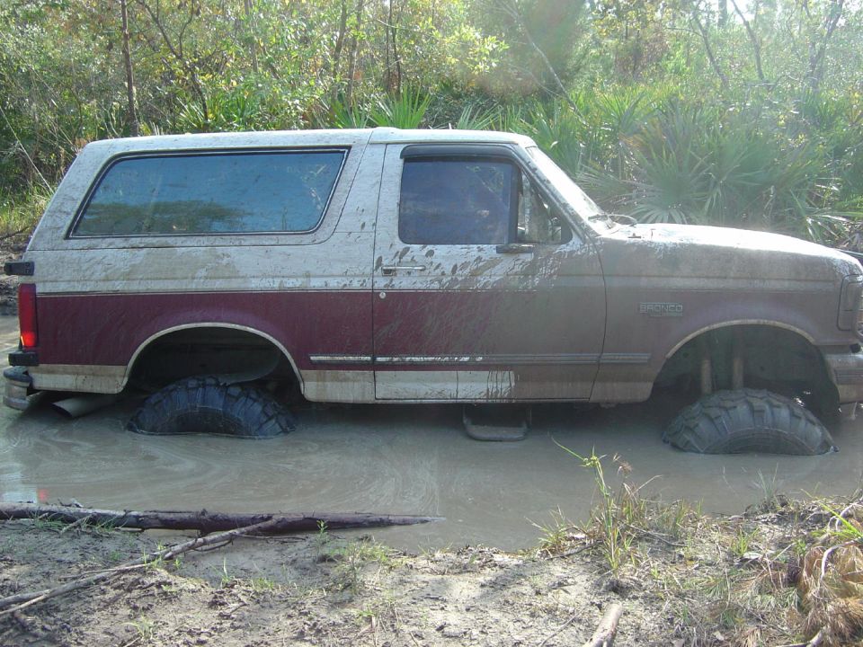 1993 Ford Bronco stuck in mud and water, side view. Tires are submerged
