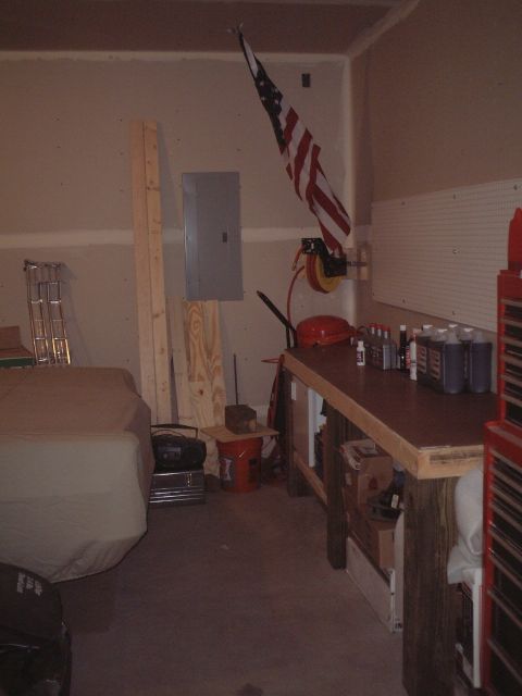 1967 Ford Galaxie - The new work bench. Used extra 6x6 timbers from a retaining wall project. This thing could support the weight of a car. :D