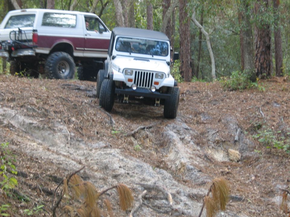 White Jeep Wrangler climbing dirt trail with a maroon Ford Bronco behind in pine woods