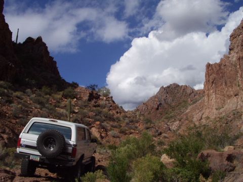 1993 Ford Bronco - A white SUV navigates a desert landscape under a cloudy sky.