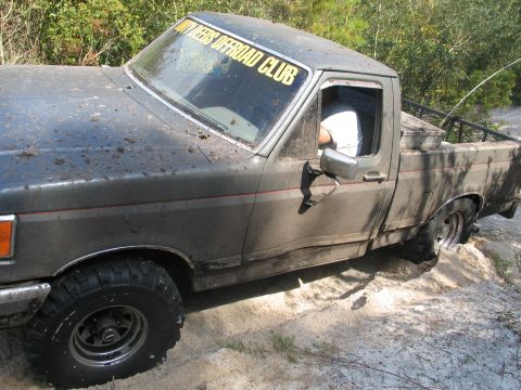 1992 Ford Bronco - High side view of a mud-splattered black 1987-1991 Ford F-series regular-cab long-bed pickup with a red pinstripe, chrome mirrors and black…