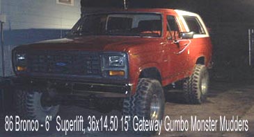 1986 Ford Bronco - Red 1986 Ford Bronco modified with a 6-inch lift and large mud tires.