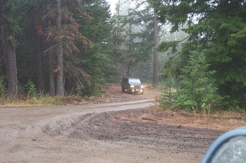 1995 Ford Bronco - A dark colored SUV navigates a wet, muddy road surrounded by dense trees.