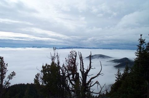 1995 Ford Bronco - Overcast sky above a sea of fog blanketing mountain peaks.