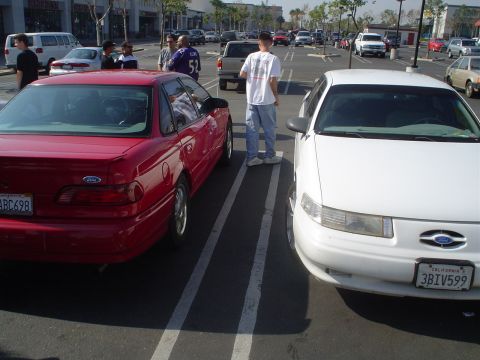 1993 Ford Taurus - Two Ford Taurus sedans, likely 1992 models, parked side-by-side in a shopping center lot.