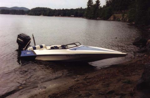 1991 Ford Bronco - A white and blue speedboat with a Mercury outboard motor is partially on land by a lake.