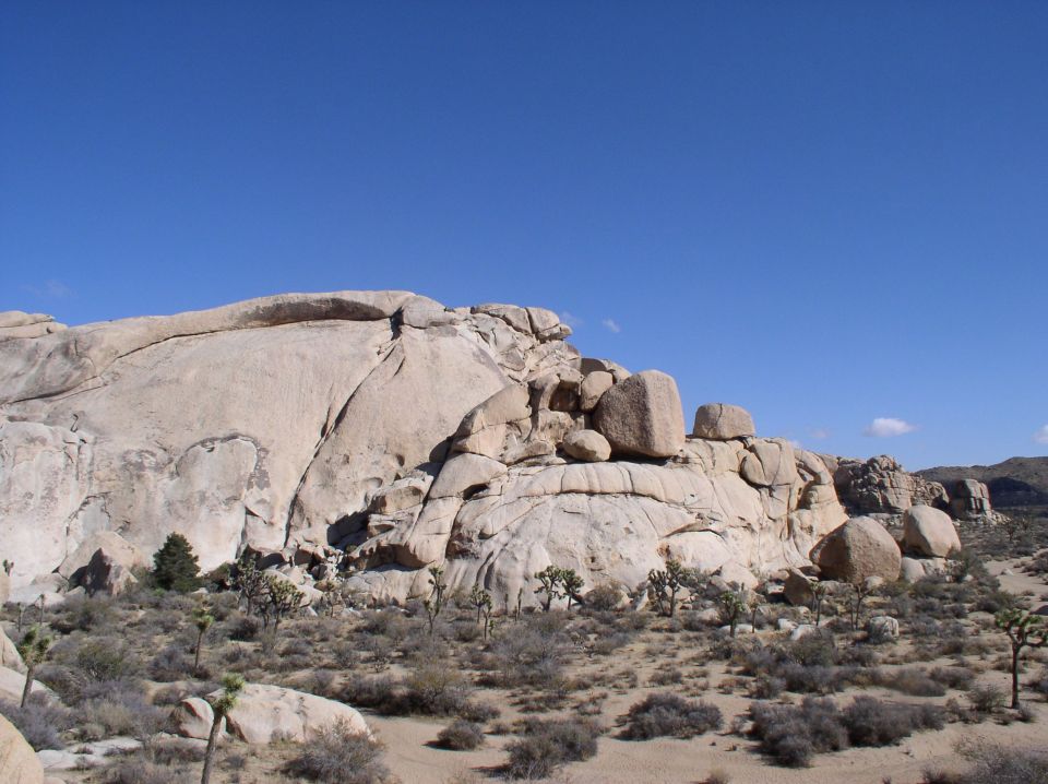 Desert landscape with large rock formations and Joshua trees under a clear blue sky. Watermark says SUPERMOTORS