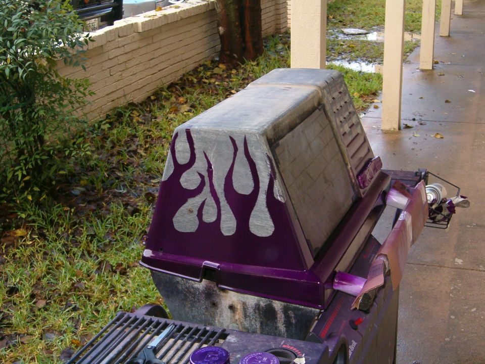 Purple grill with silver flames