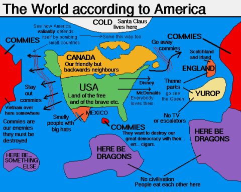2003 Jeep TJ - A humorous map of the world, titled 'The World according to America', labels various regions with biased and stereotypical descriptions.