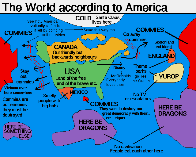 Humorous cartoon world map titled The World according to America
