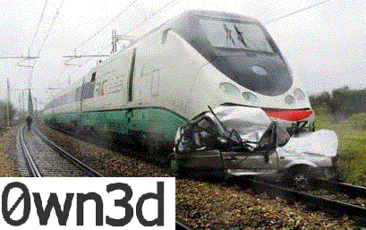 1985 Ford Bronco - A train has collided with a car on the tracks, causing significant damage to the vehicle.
