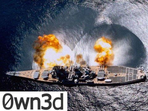 1985 Ford Bronco - Overhead aerial view of a gray battleship at sea firing a full broadside, with two large orange muzzle blasts and circular shock rings spre…