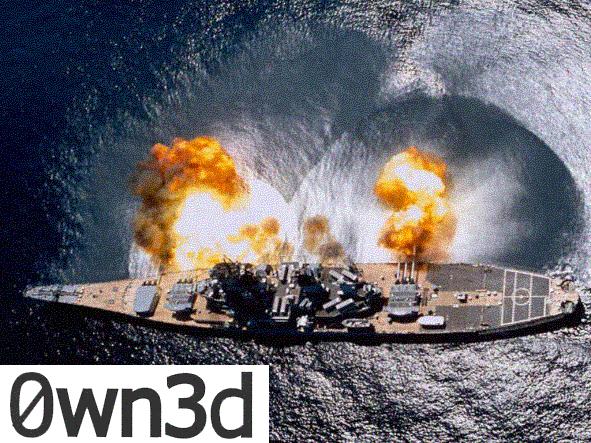 Aerial view of a gray battleship firing a broadside with orange blasts on blue sea