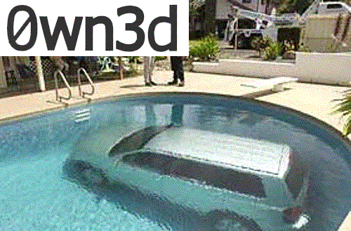 Light-colored car submerged upright in a backyard swimming pool with tow truck nearby