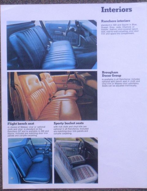 1973 Ford Ranchero - Catalog page detailing interior options for the 1973 Ford Ranchero, including bench and bucket seats in various colors and materials.