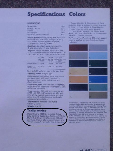 1973 Ford Ranchero - This document details specifications and color choices, including trailer towing information.