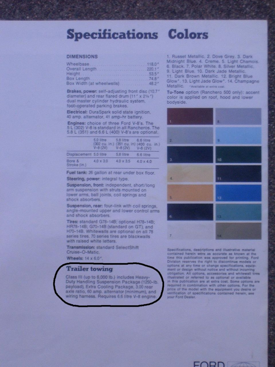 Ford Ranchero brochure Specifications & Colors page with trailer-towing detail