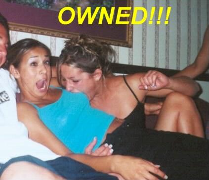 1985 Ford Bronco - Photo shows two women seated close together indoors with an 'OWNED!!!' caption overlaid in yellow text; no vehicle or vehicle part is visib…