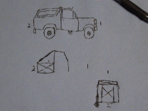 1993 Ford Bronco - Amateur pencil sketch of an early Ford Bronco with two small geometric shapes, not a technical document.