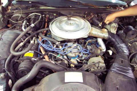 1985 Ford Crown Victoria LTD - The engine bay of a 1985 Ford Crown Victoria LTD shows the V8 engine and associated components.