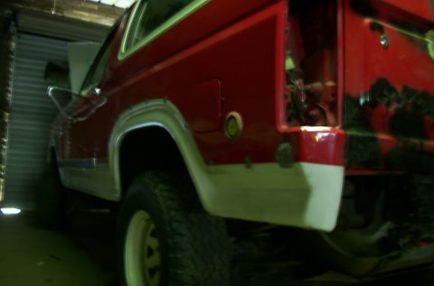 1981 Ford Bronco - This 1981 Ford Bronco is seen in a garage, possibly undergoing restoration or modification.