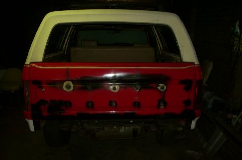 1981 Ford Bronco - This 1981 Ford Bronco is undergoing bodywork, with its rear panel prepped for paint.