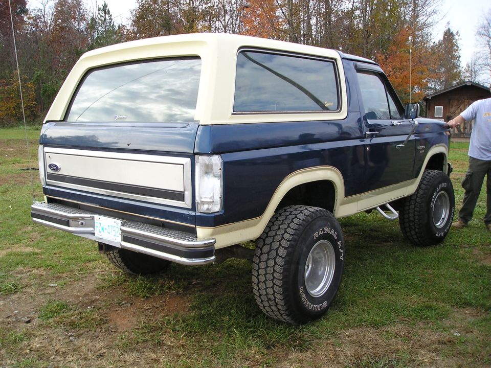 Blue and tan Ford Bronco SUV parked on grass, rear view