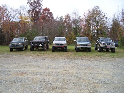 1996 Ford Bronco - A lineup of five Ford Broncos, likely from the mid-1990s, are parked on a gravel lot with trees in the background.