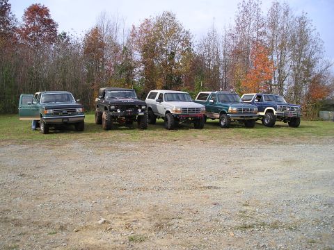 1996 Ford Bronco - A group of Ford Broncos and other SUVs are parked in a line on a grassy area with trees in the background.