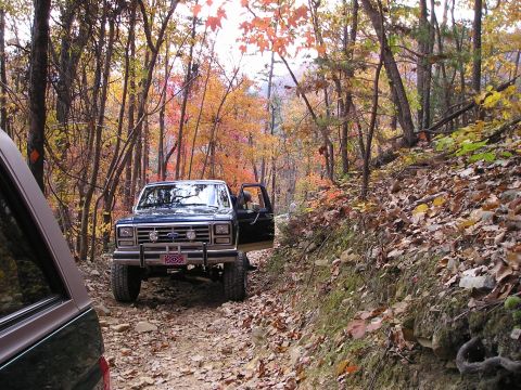 1996 Ford Bronco - A blue Ford Bronco navigates a leaf-strewn path through autumn woods.