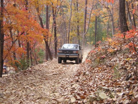 1996 Ford Bronco - 1996 Ford Bronco navigates a challenging dirt road during fall foliage season.