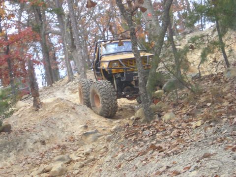 1996 Ford Bronco - This heavily modified off-road vehicle navigates a challenging, wooded trail during autumn.