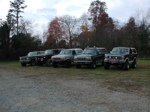 1985 Ford Bronco - A lineup of Ford Broncos and trucks are parked outdoors on a cloudy day, with autumn foliage visible.
