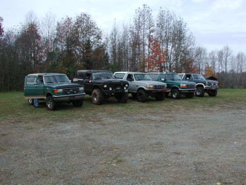 1985 Ford Bronco - Several Ford Broncos are parked in a grassy lot with trees in the background.