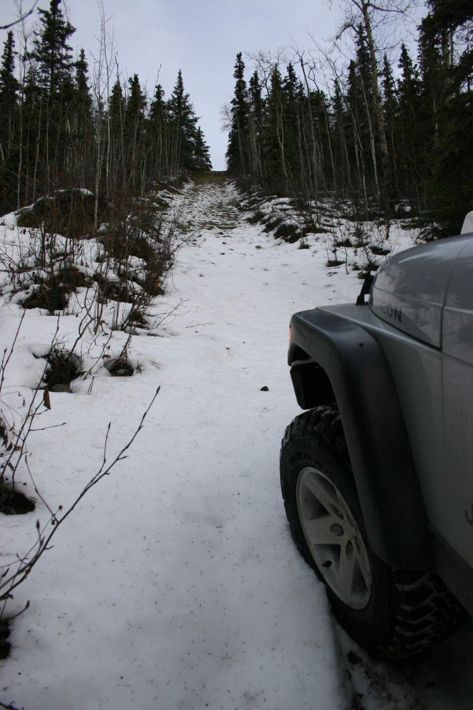 Silver Jeep TJ on a snowy, wooded trail